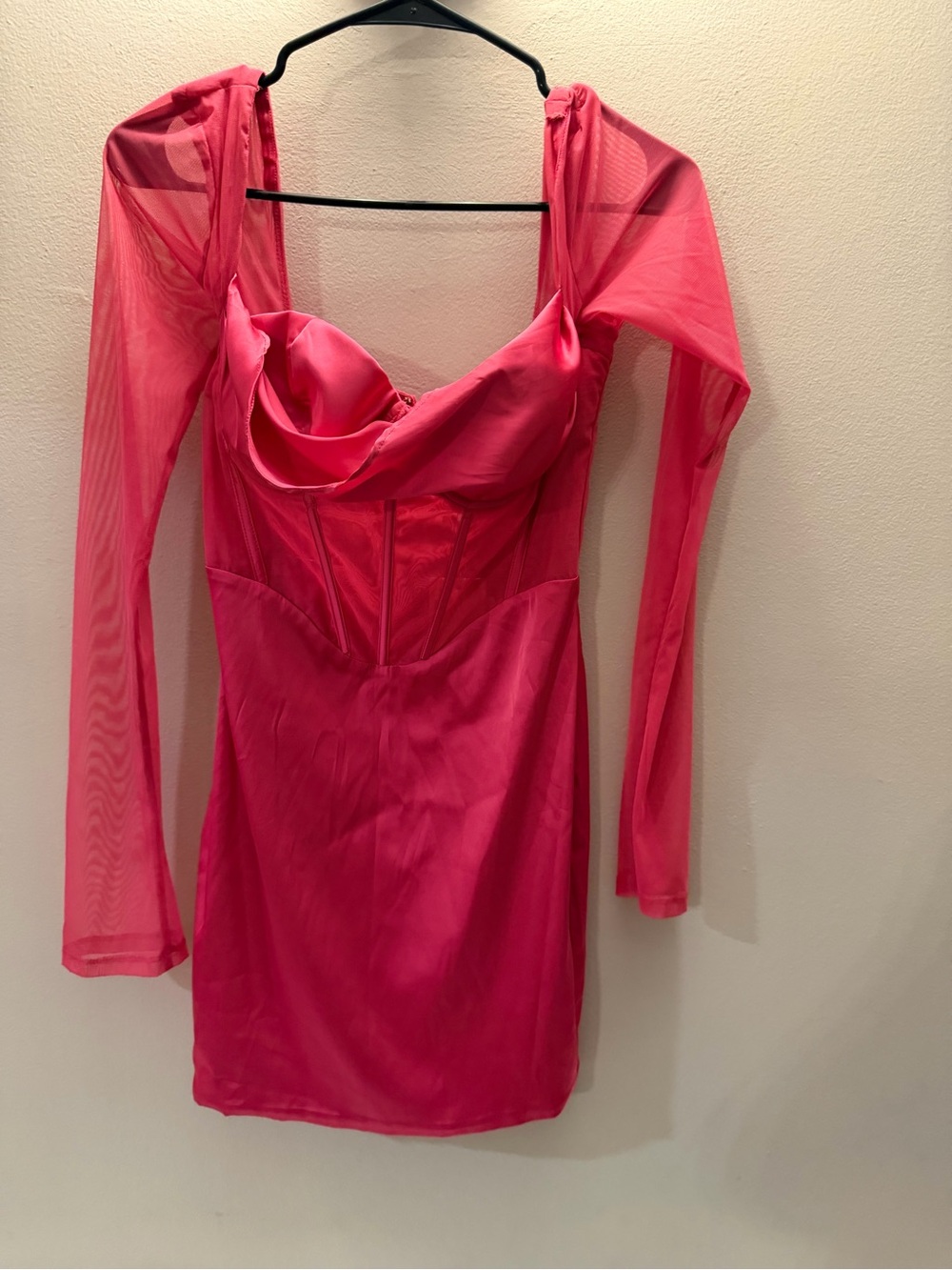 Oh Polly Pink‎ Satin Corset Mini Dress Sheer Mesh Long Sleeve Cowl Neck NWT US 6